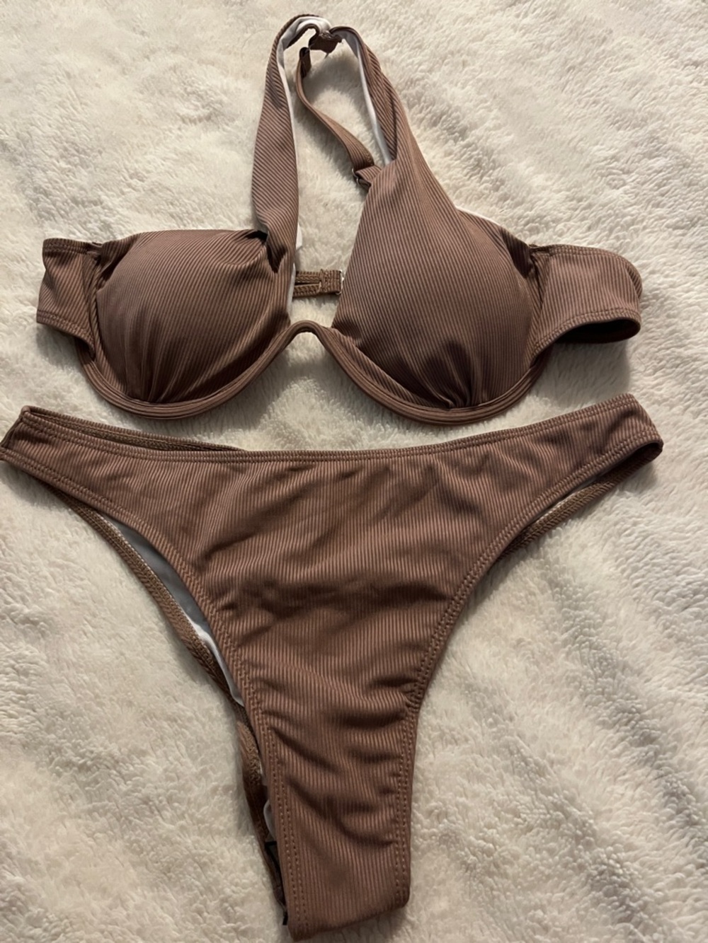 SHEIN Ribbed Brown Halter Underwire Bikini Set